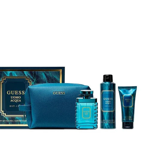 Guess Uomo Acqua - Eau de Toilette -Set - 4Pcs (EDT 100ML + Shower Gel 100ML + Body Spray 170G + Pouch)