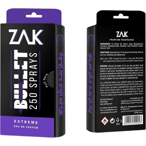 Zak Extreme Bullet 250 sprays for Men - Eau De Perfume - 25ml