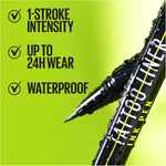 قلم تحديد العيون تاتو ستوديو من مايبيلين، مقاوم للماء والتلطخ، يدوم حتى 24 ساعة، أسود غامق،