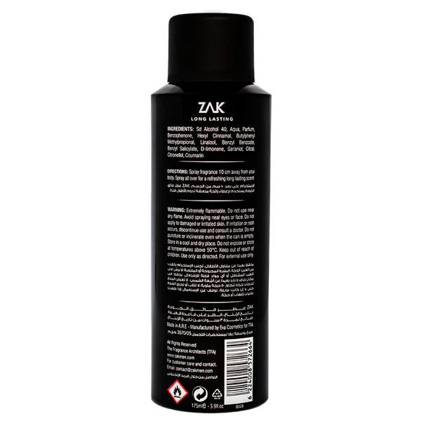 Zak Black Perfume Spray for Men - Eau De Toilette- 175ml