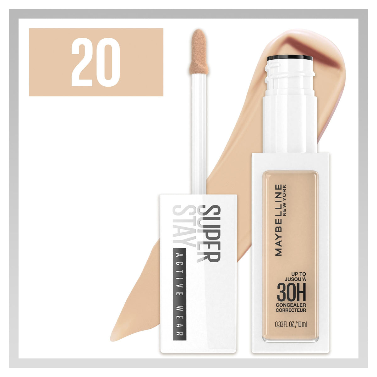 Maybelline New York Super Stay Active Wear Concealer Up to 30H Full Coverage Matte, 20 Sand Off White