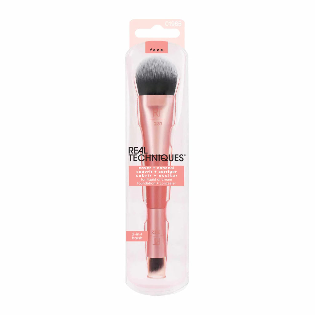 Real Techniques Cover & Conceal Dual Ended Makeup Brush Foundation Coverage, 2-in-1 Brush