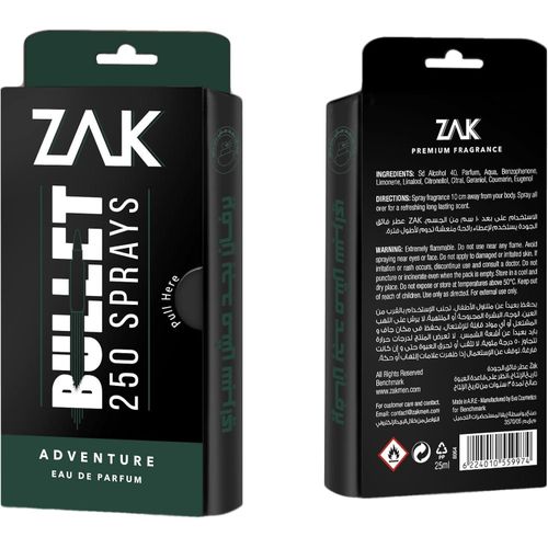 Zak Adventure Bullet 250 sprays for Men - Eau De Parfum - 25ml