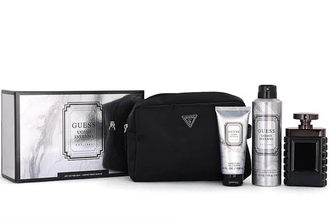 Guess Uomo Intenso for Men - SET - 4Pcs (EDP 100ML + Body Spray 226ML + Shower Gel 100ML + Pouch)