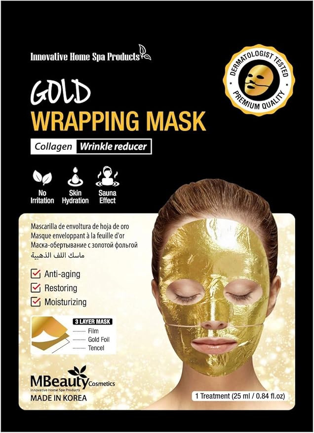 Gold Foil Wrapping Face Mask with Collagen – Anti-Aging, Wrinkle Reducing, Deep Moisturizing & Skin Restoring Treatment, Dermatologist Tested, Made in Korea