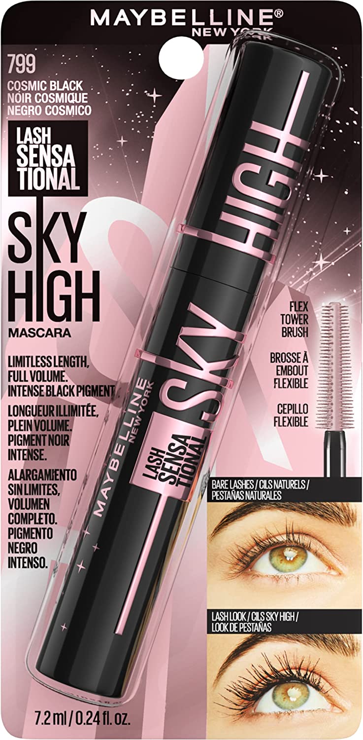 Maybelline Sky High Washable Mascara Makeup, Volumizing, Lengthening, Defining, Curling, Multiplying, Buildable Formula, Cosmic Black