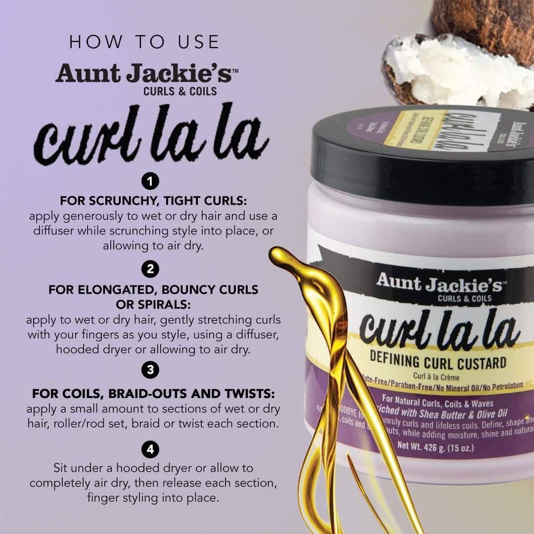 كريم تصفيف الشعر المجعد من Aunt Jackies La La Defining Curl Custard المعزز بزبدة الشيا وزيت الزيتون