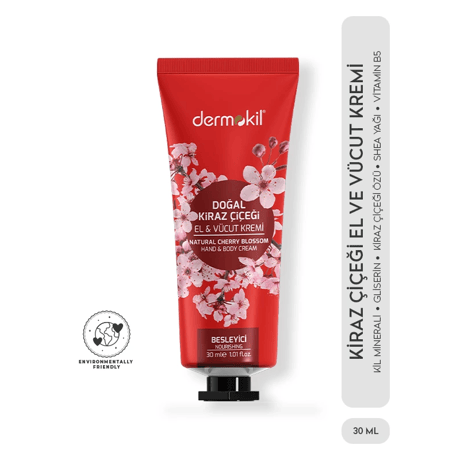 Natural Cherry Blossom Hand & Body Cream with Natural Cherry Blossom by Dermokil - Made in Turkey- 30ml