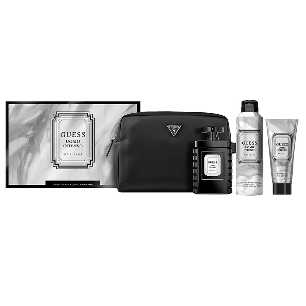 Guess Uomo Intenso for Men - SET - 4Pcs (EDP 100ML + Body Spray 226ML + Shower Gel 100ML + Pouch)