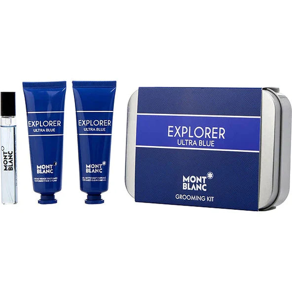 Mont Blanc Explorer Ultra Blue Eau De Parfum Spray 0.25 oz Mini & Face Cream 1 oz & Cleansing Gel 1 oz
